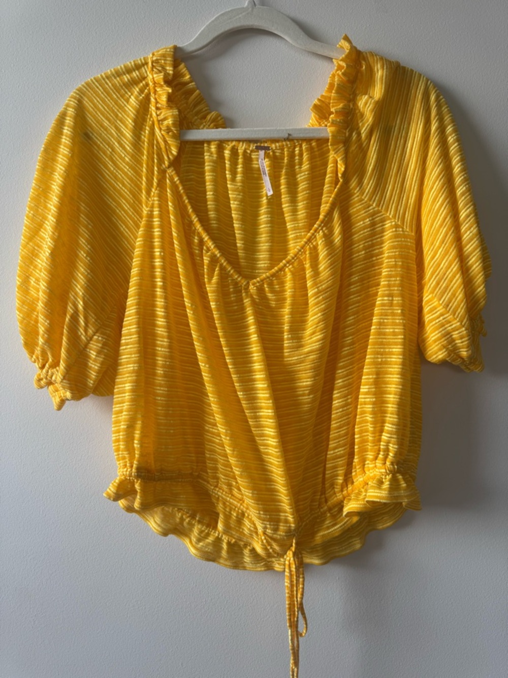 Free People Yellow V Neck Balloon Sleeve Blouse Sz L Stripes Coastal Boho